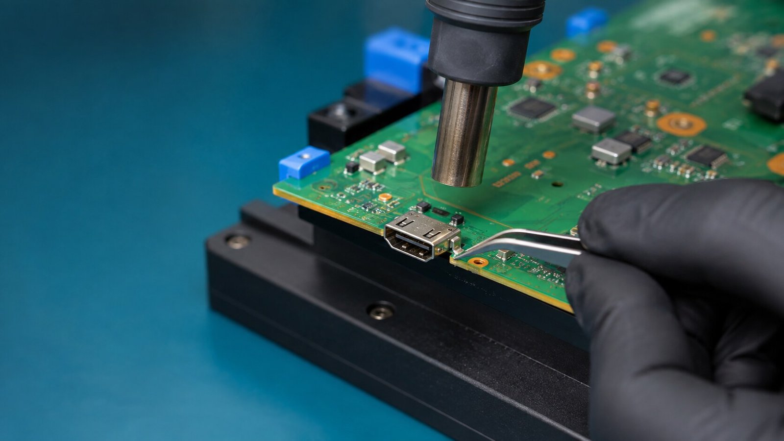 Präziser Austausch einer HDMI-Buchse auf einer Konsolenplatine