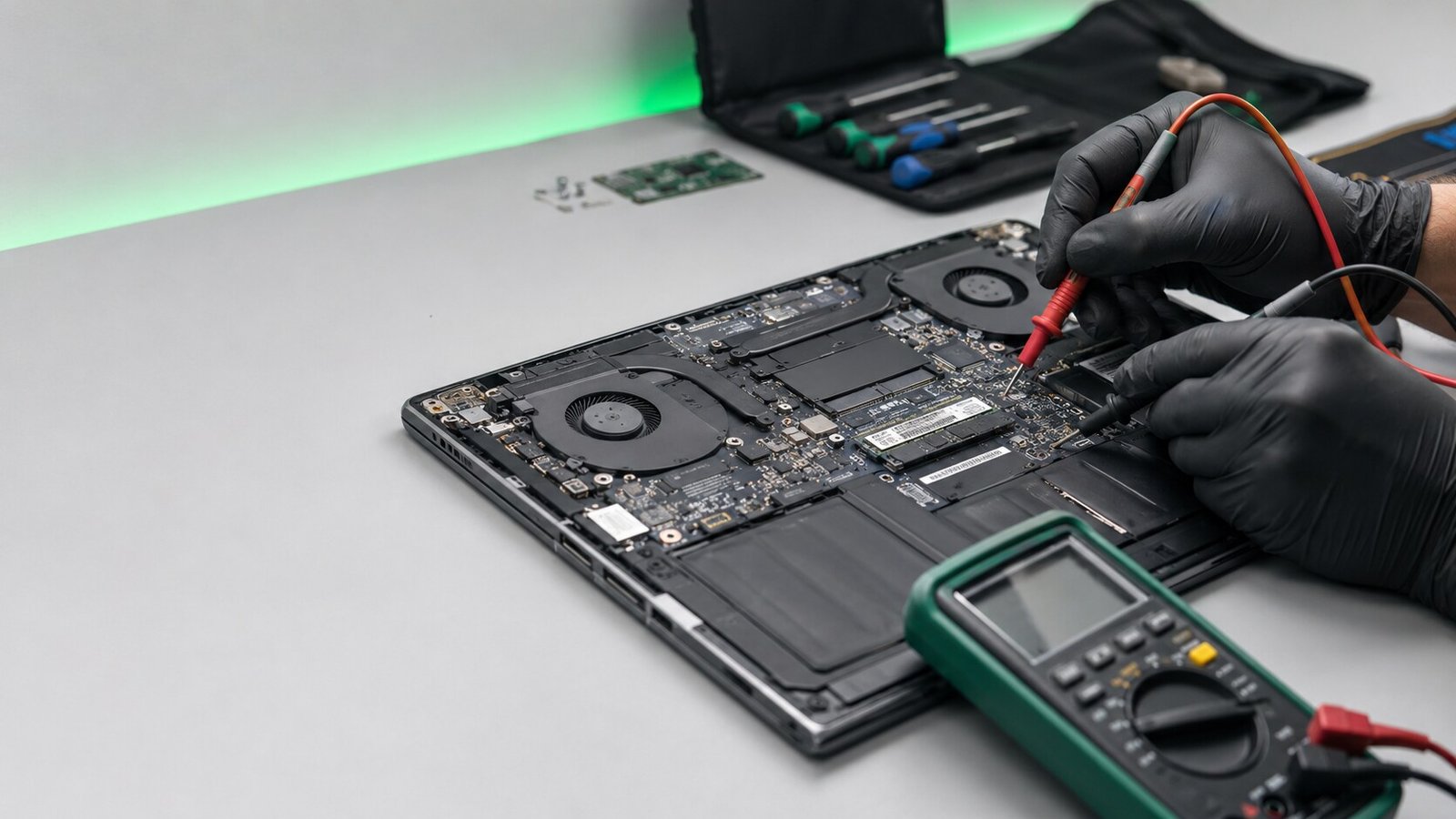 Professionelle Diagnose an einem geöffneten Laptop mit Messspitzen am Mainboard