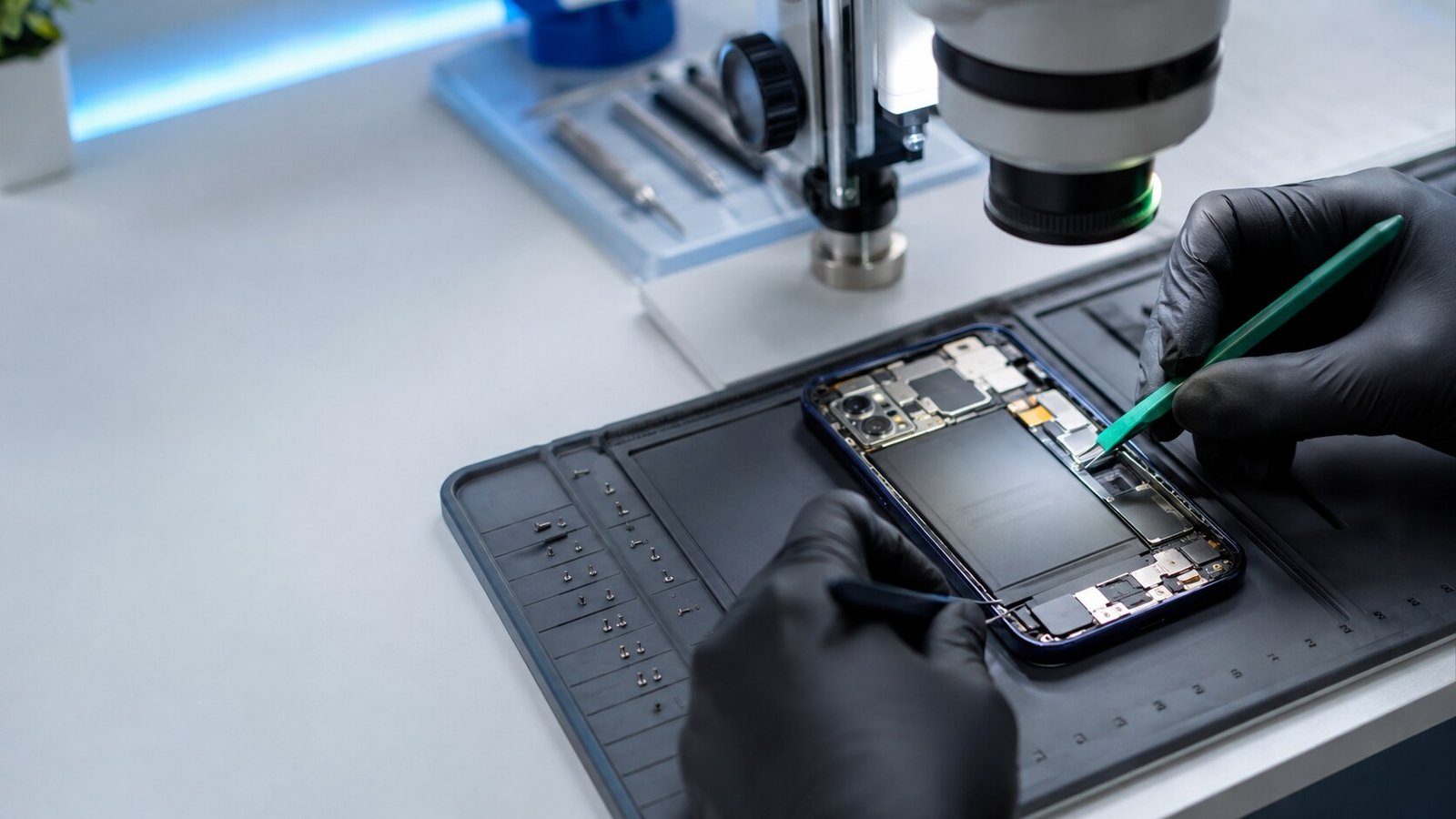 Professionelle Reparatur eines geöffneten Smartphones in einer modernen Elektronikwerkstatt